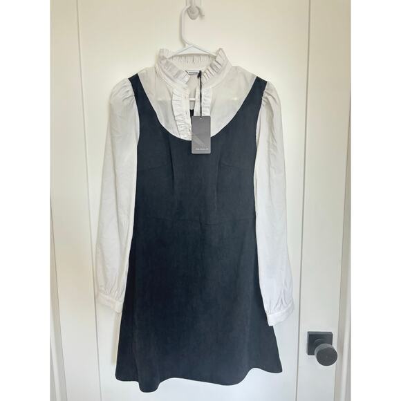 Renuar NWT Elegant Two-in-One Corduroy Mini Pinafore Shirt Dress Black and White - Picture 1 of 4